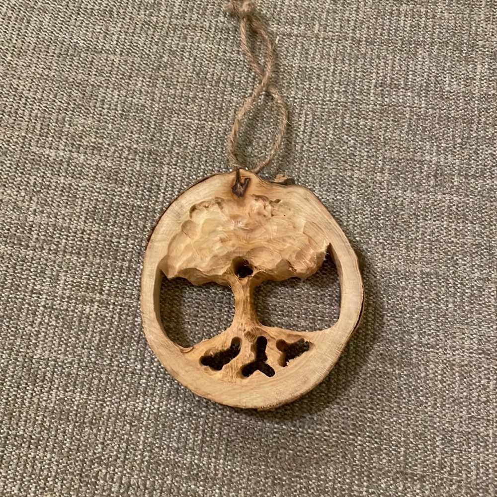 Hand-carved wood cookie Tree of Life Christmas ornament